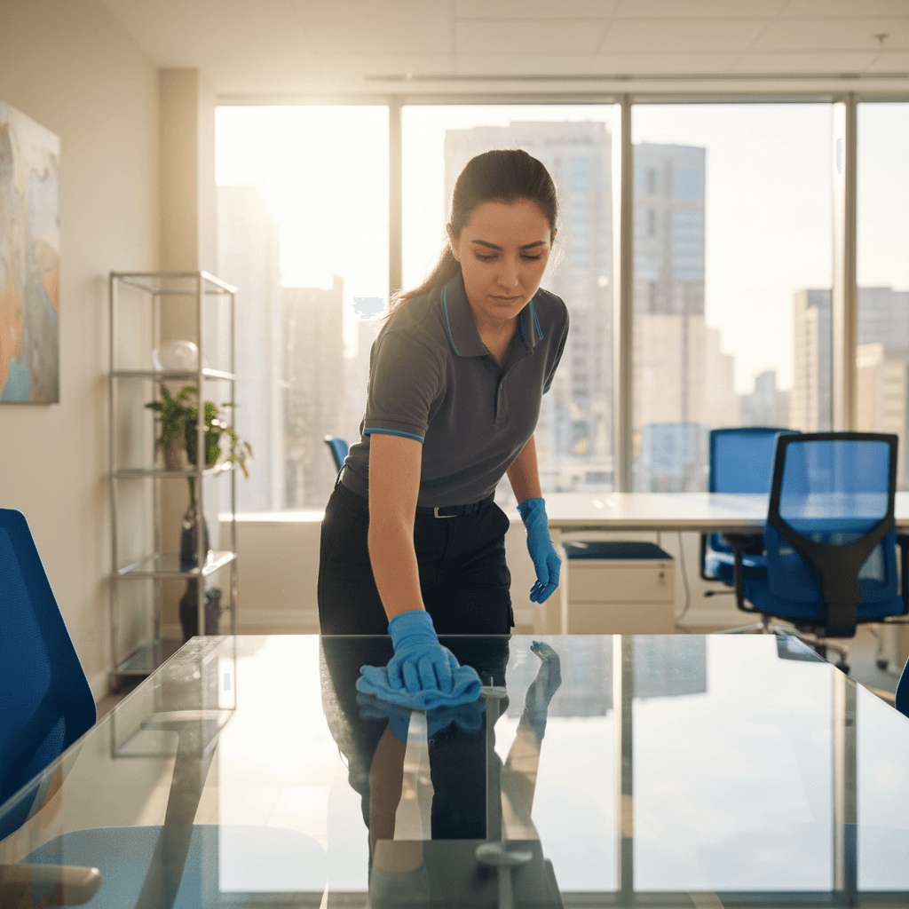 Professional cleaner maintaining a modern office conference table