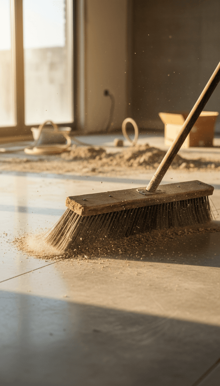 Close-up of post-construction cleanup removing dust and debris from a finished floor