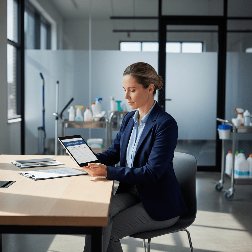Cleaning manager reviewing customized service schedule on tablet