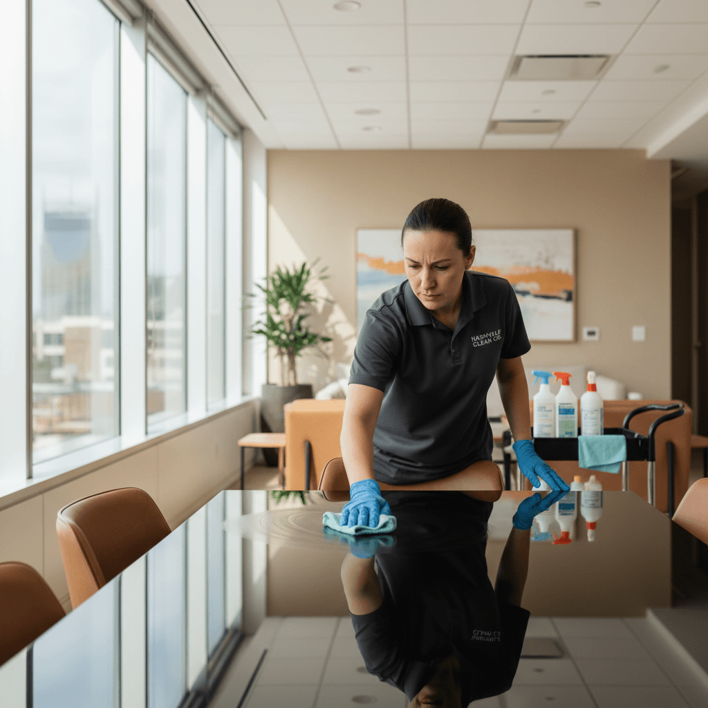 Cleaning professional maintaining a polished conference table in a commercial office