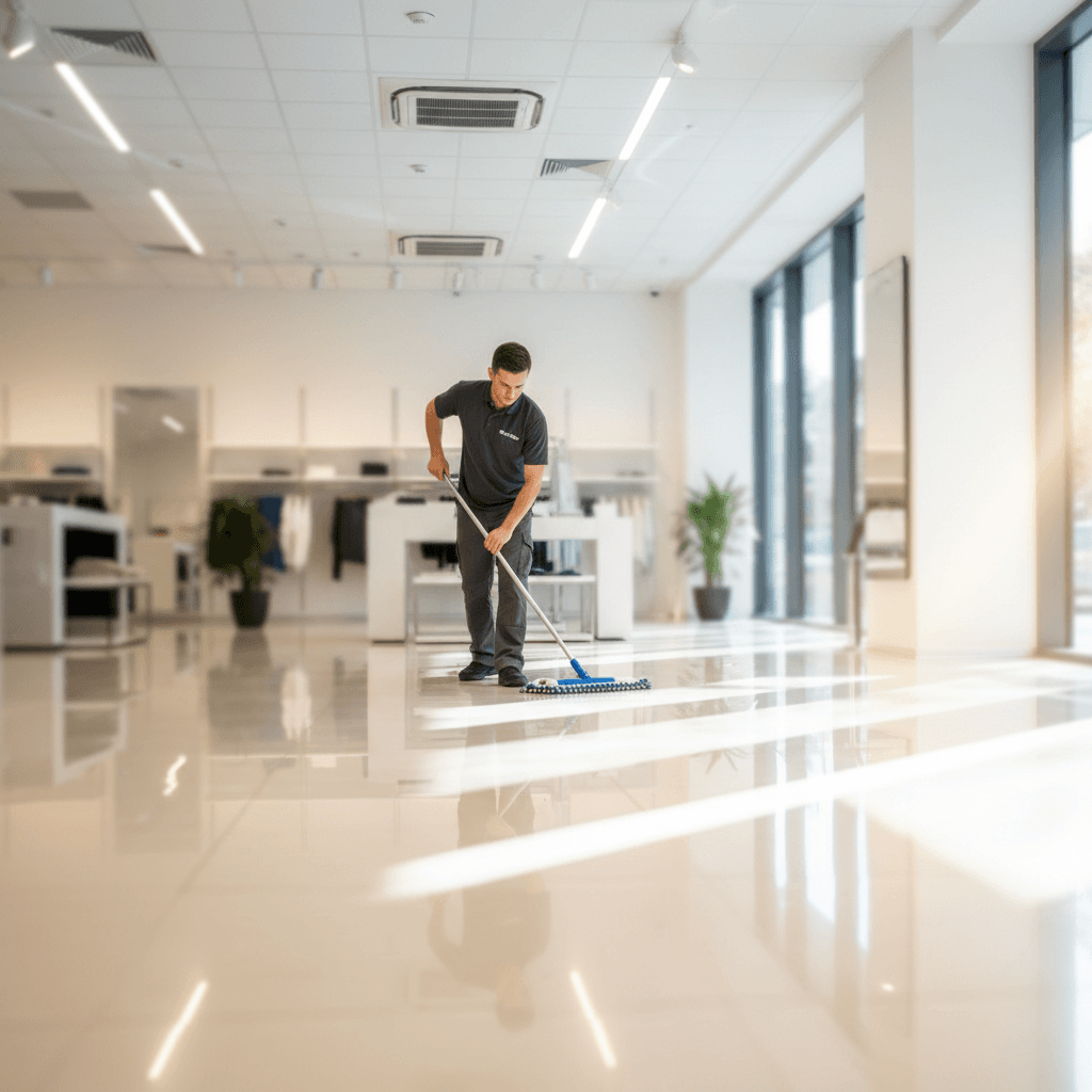 Cleaning specialist maintaining polished commercial floor in retail environment