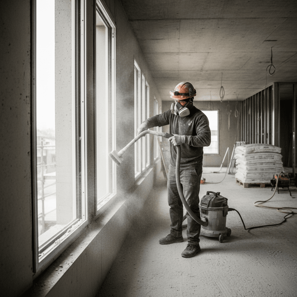 Construction cleanup technician removing dust and debris from building surfaces