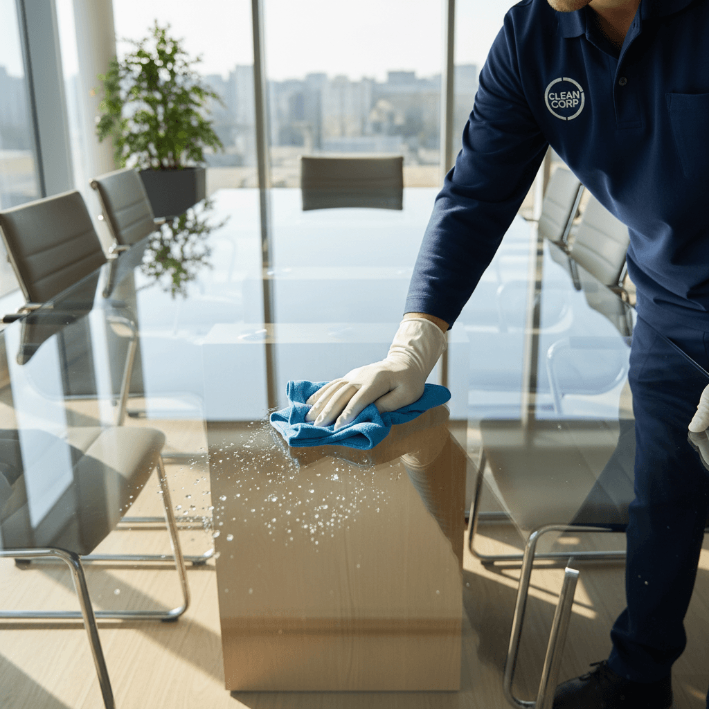 Professional cleaning team working in modern office lobby