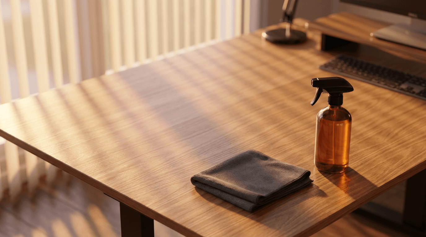 Professional cleaner carefully wiping office surfaces with attention to detail