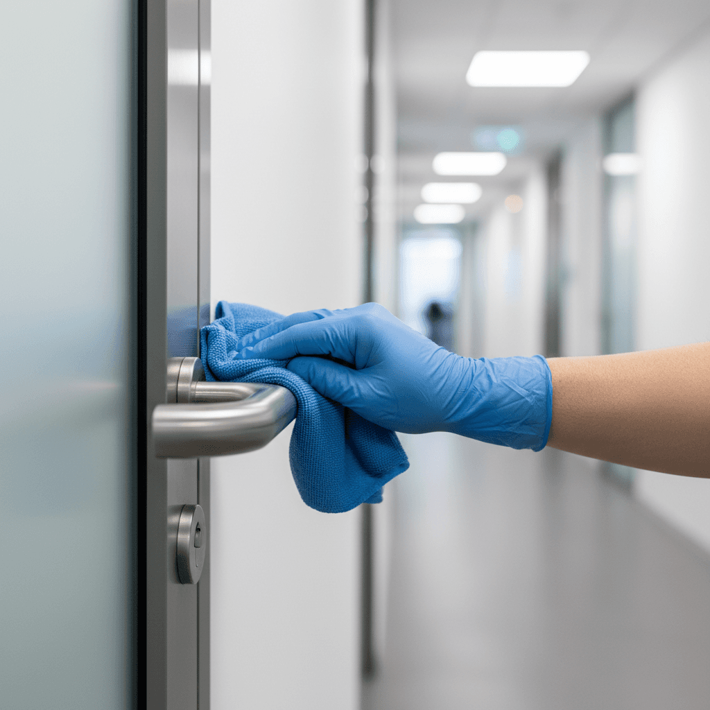 Professional cleaning supplies and equipment organized on a stainless steel cart