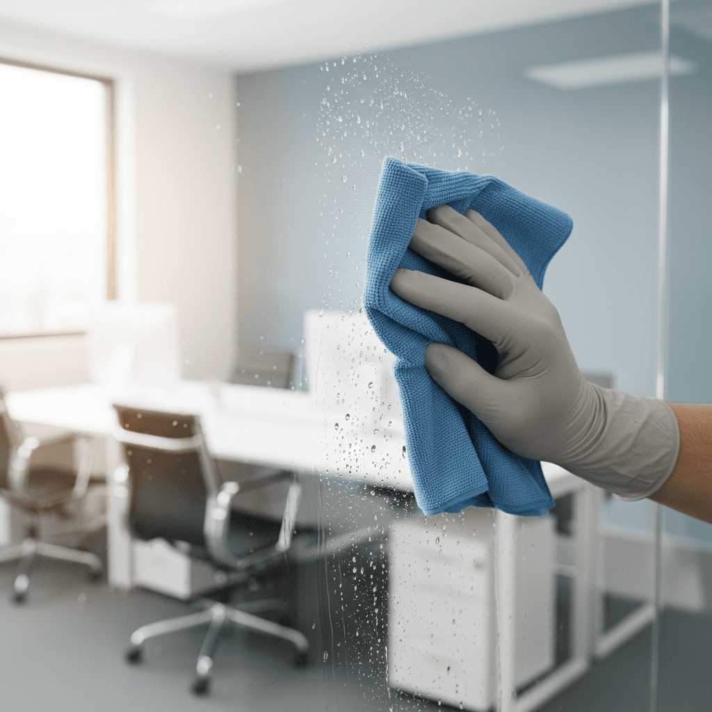 Professional cleaning technician polishing glass office partition