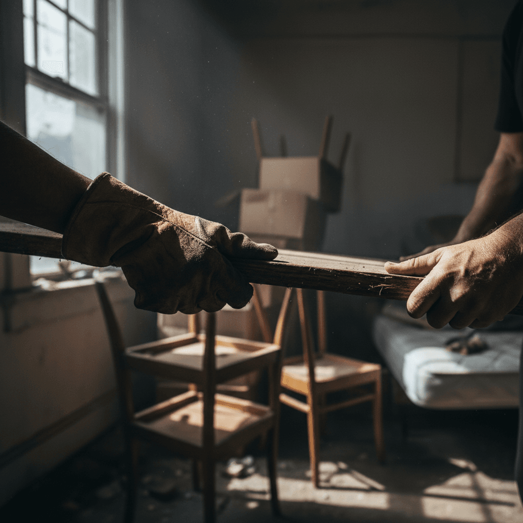 Post-construction cleanup technician sweeping commercial space